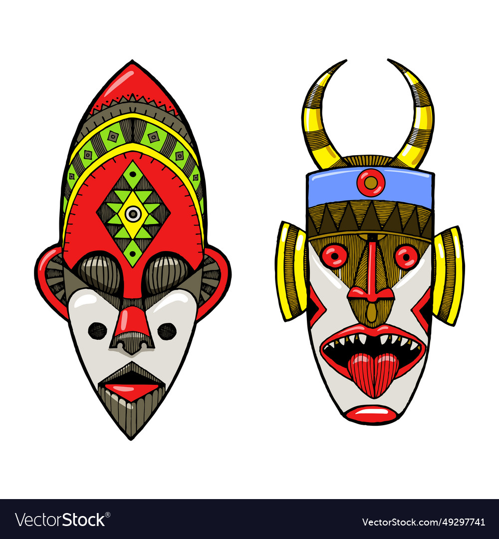 African masks of savages engraving style