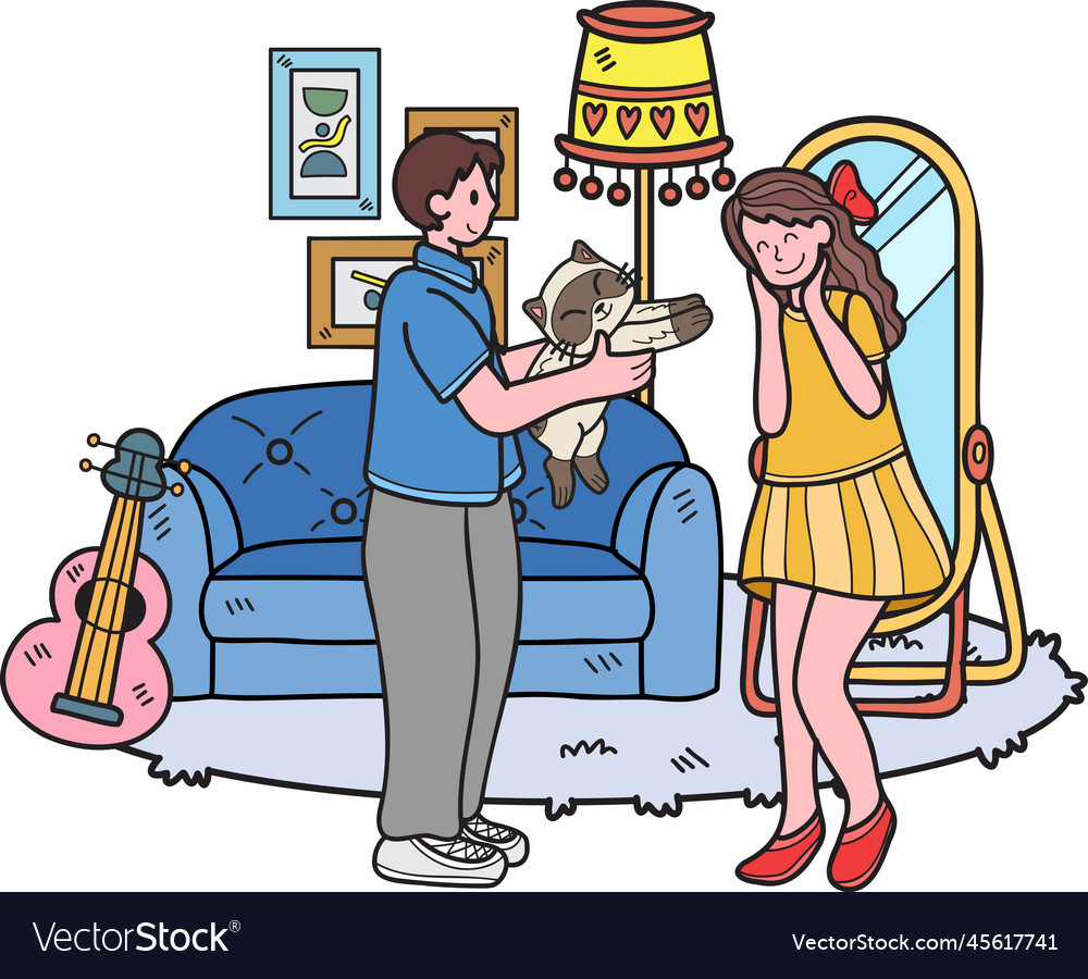 Hand drawn man gives a cat as gift to woman