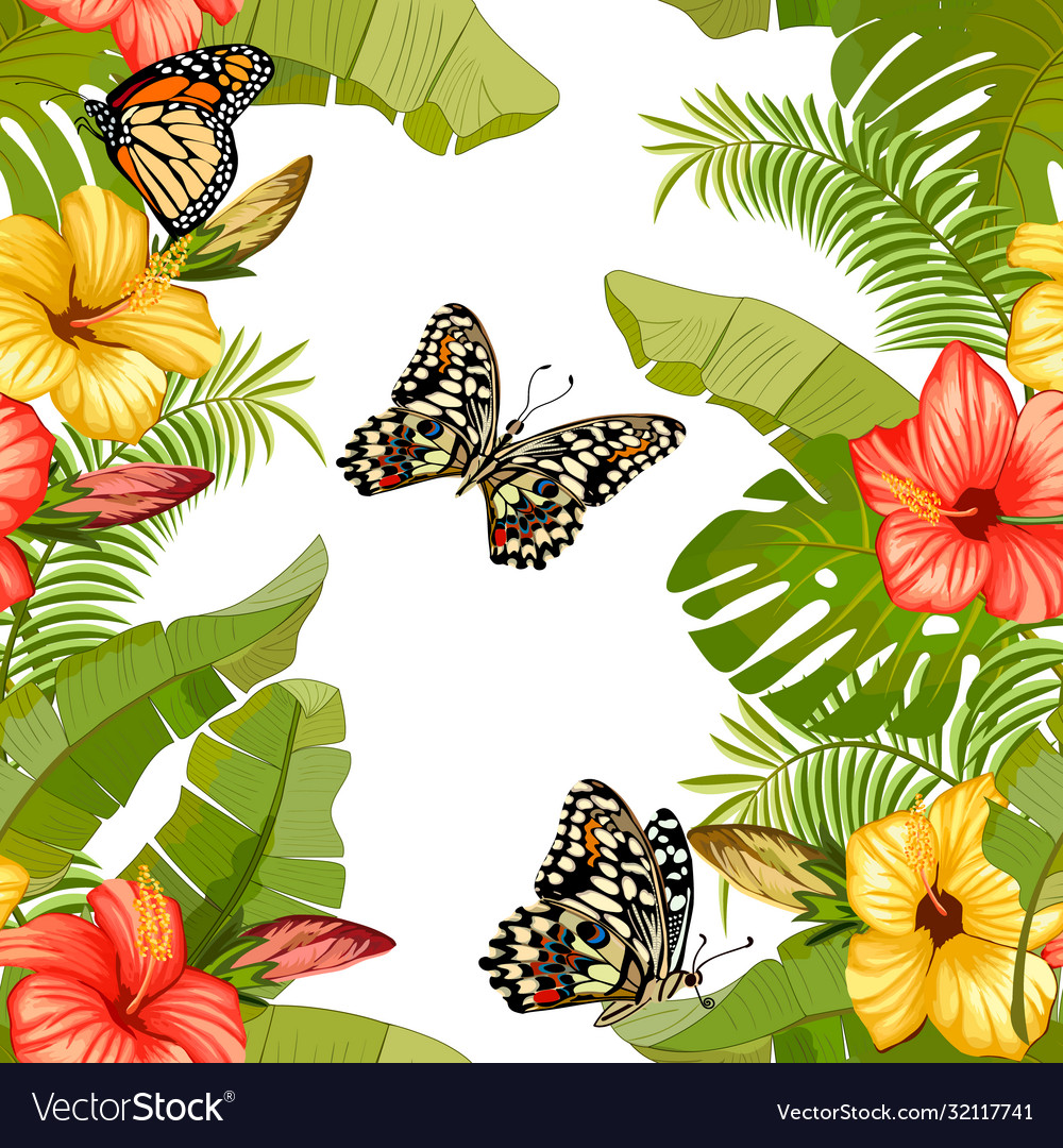 Pattern with exotic flowers and butterflies