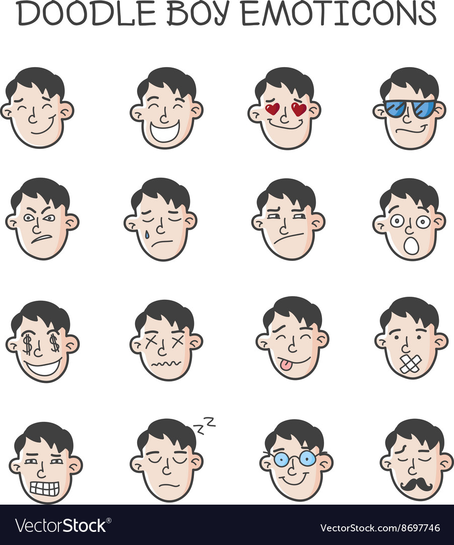 Cute doodle boy heads set emoticons Royalty Free Vector