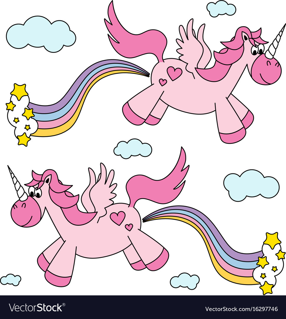 Download Cute funny pink unicorns farting rainbow and Vector Image