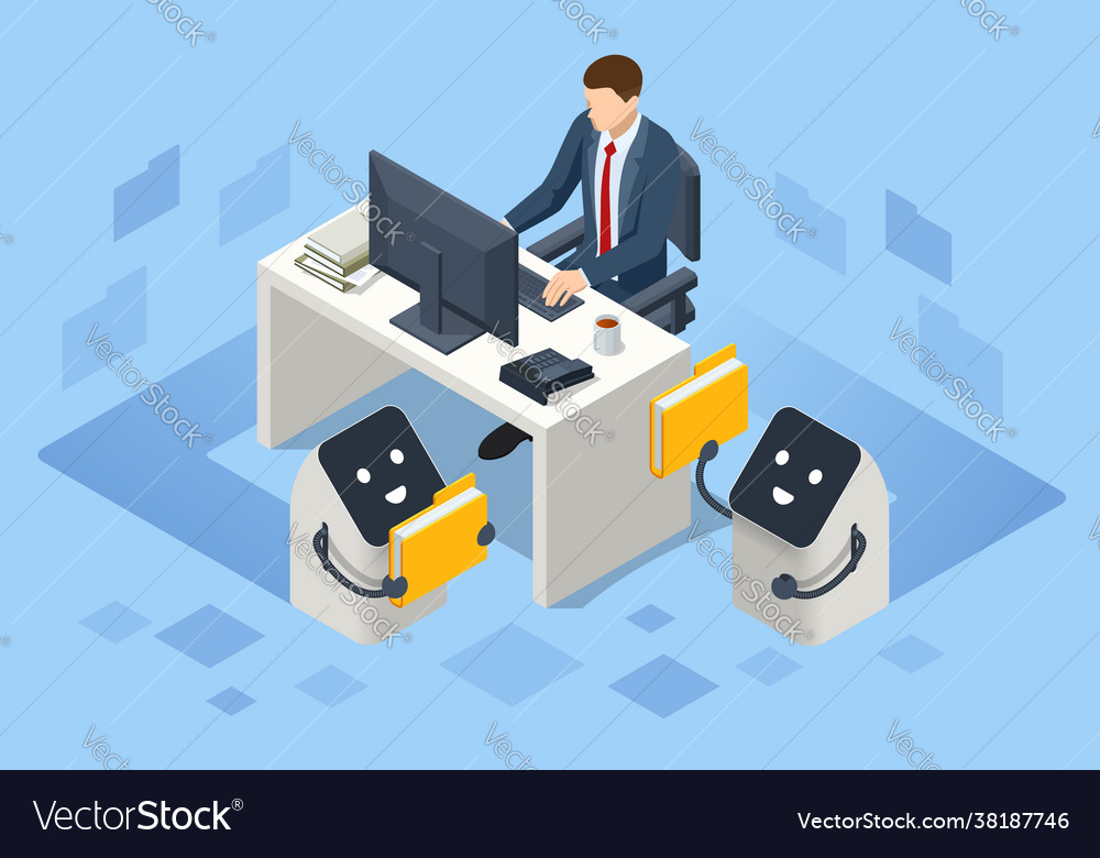 Isometric Artificial Intelligence Robot Helps Vector Image Isometric Artificial Intelligence Robot Helps Vector Image
