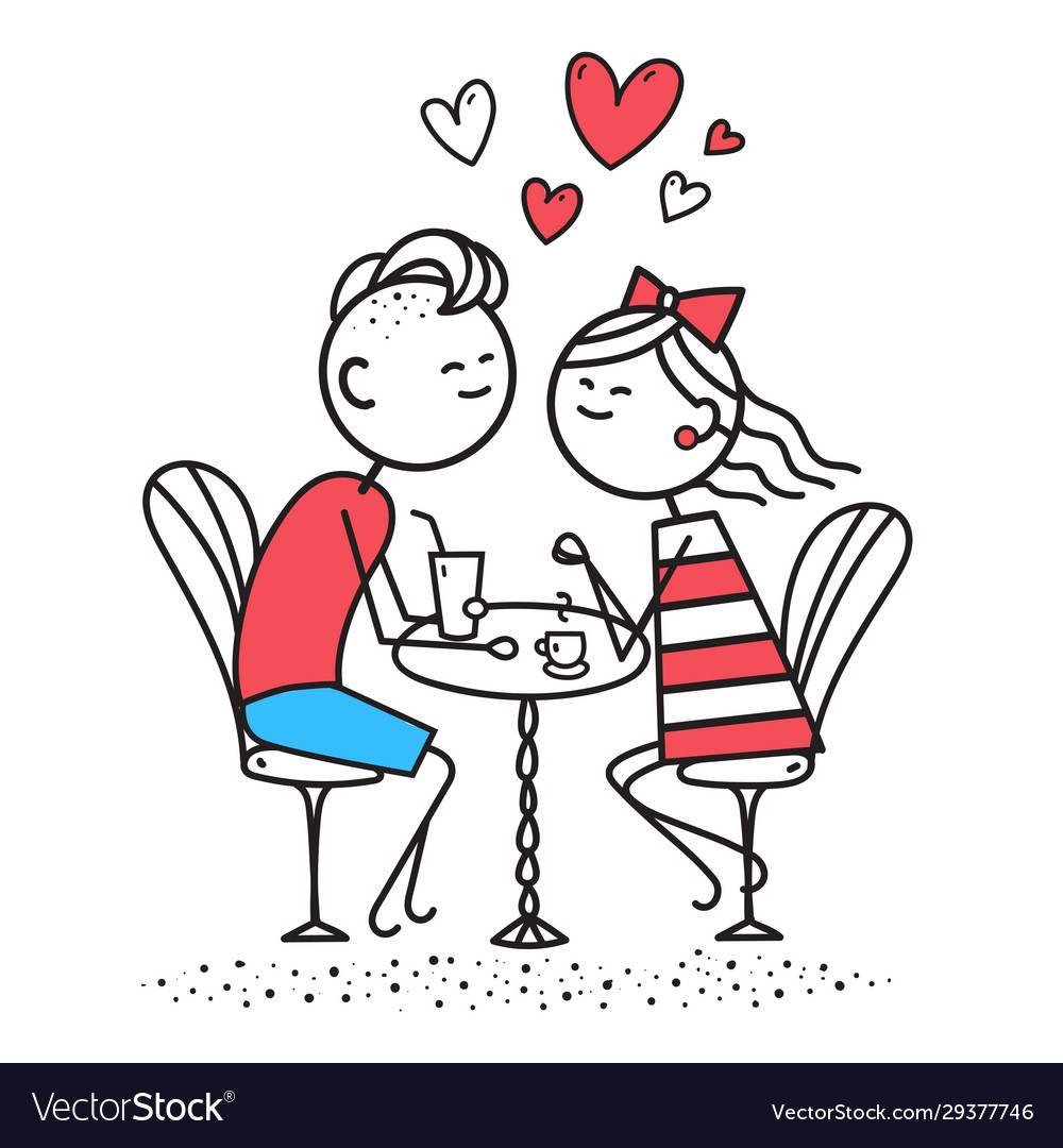 Lovers boy and a girl sit in cafe drink coffee vector image Lovers boy and a girl sit in cafe drink coffee