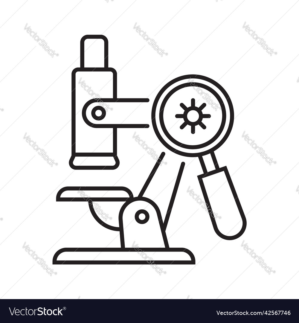 Microscope with bacteria virus icon in line