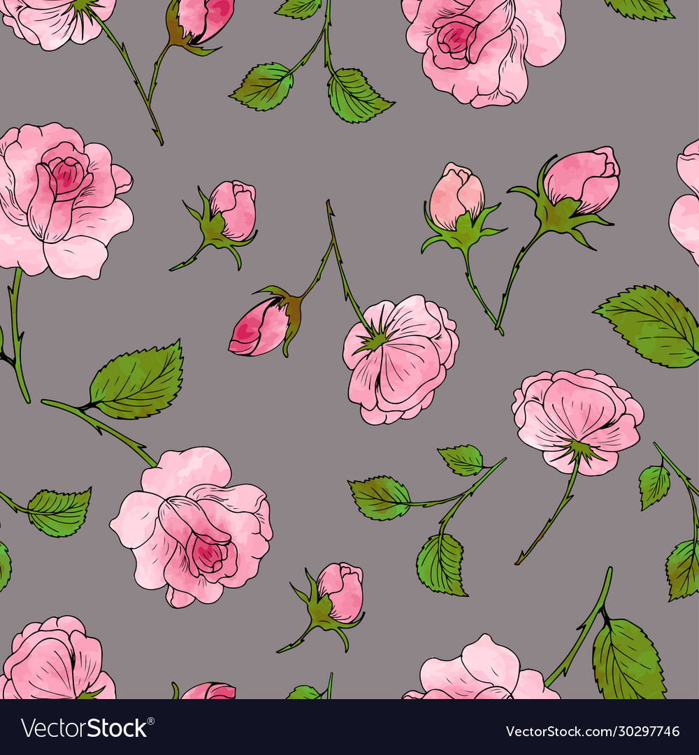 Pattern roses buds and leaves on a gray