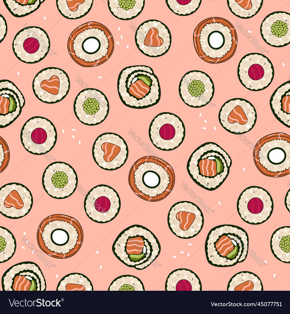 Seamless pattern with sushi top view image vector image Seamless pattern with sushi top view image
