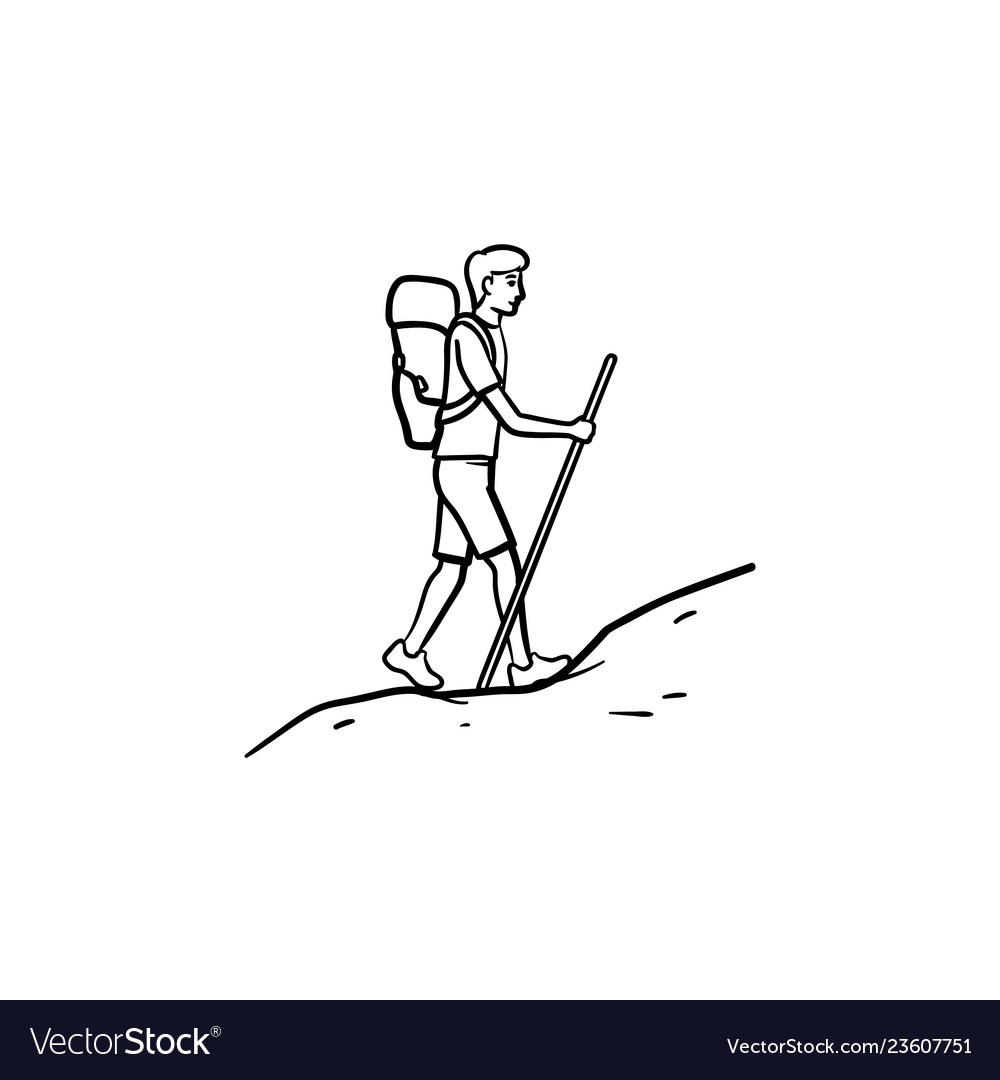 Tourist backpacker climbing hand drawn outline