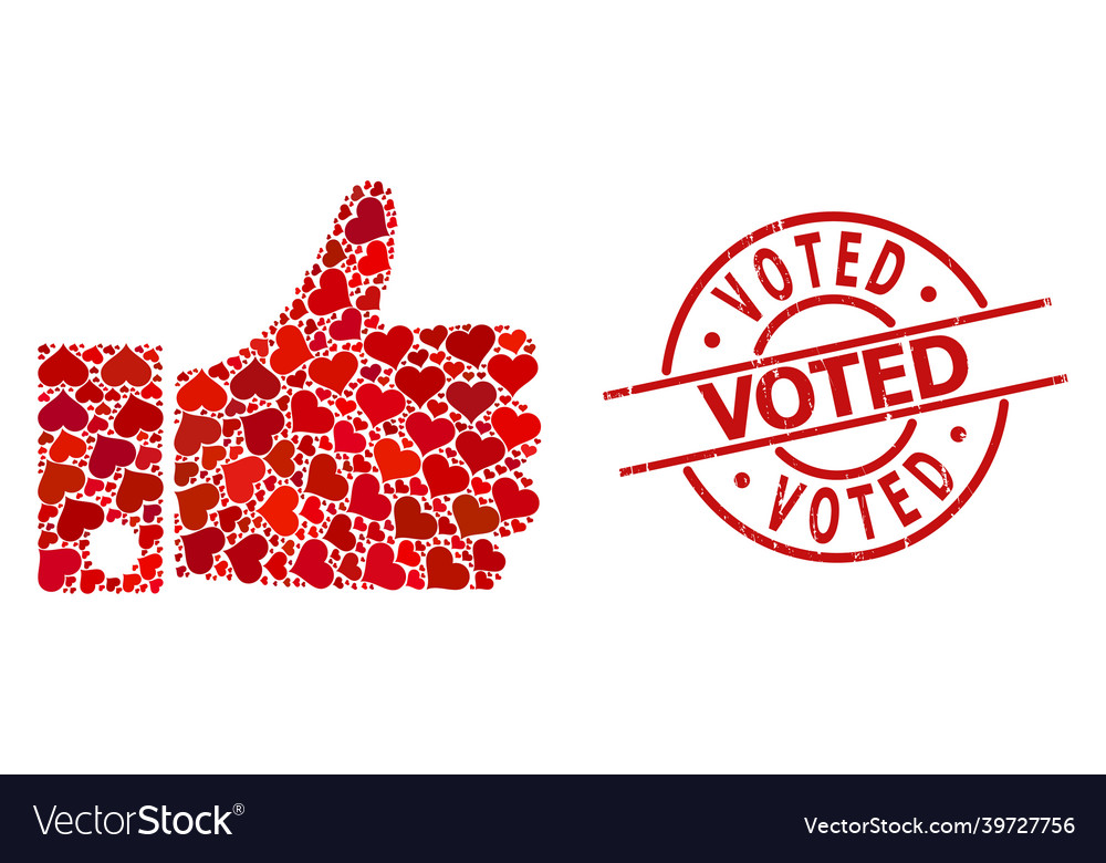 Grunge voted stamp and red valentine thumb up Vector Image