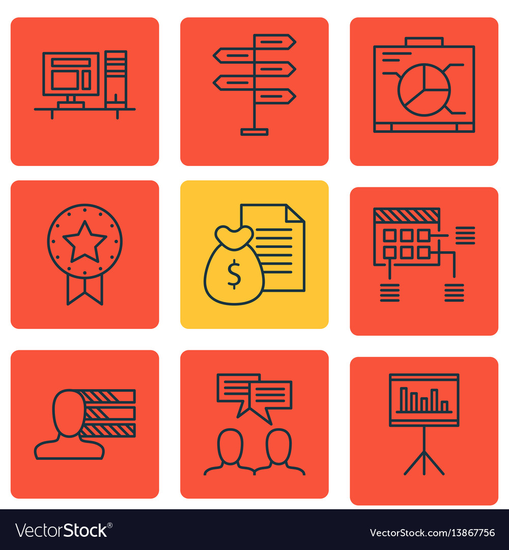 Set of 9 project management icons includes report vector image Set of 9 project management icons includes report