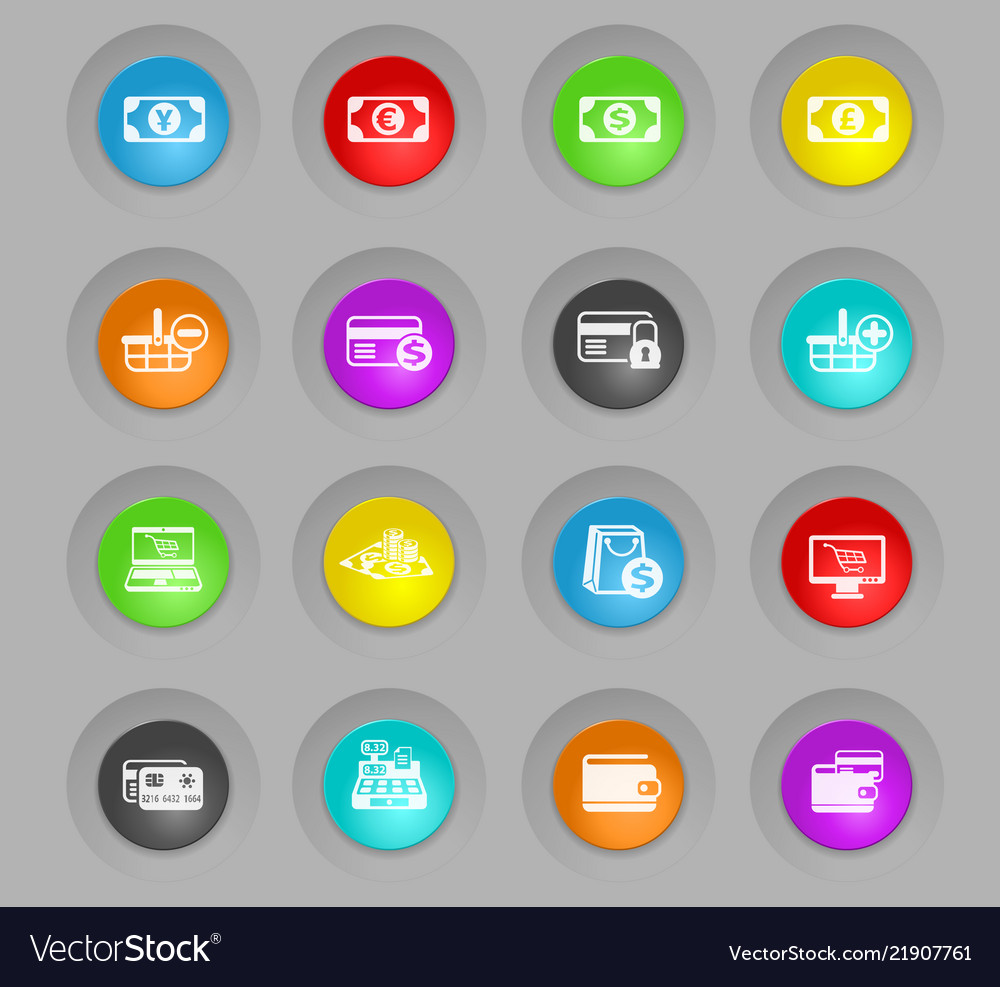 E-Commerce farbige Kunststoff runde Tasten Icon Set