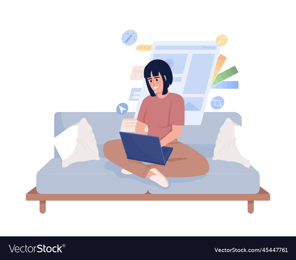 Female graphic designer sitting on couch semi