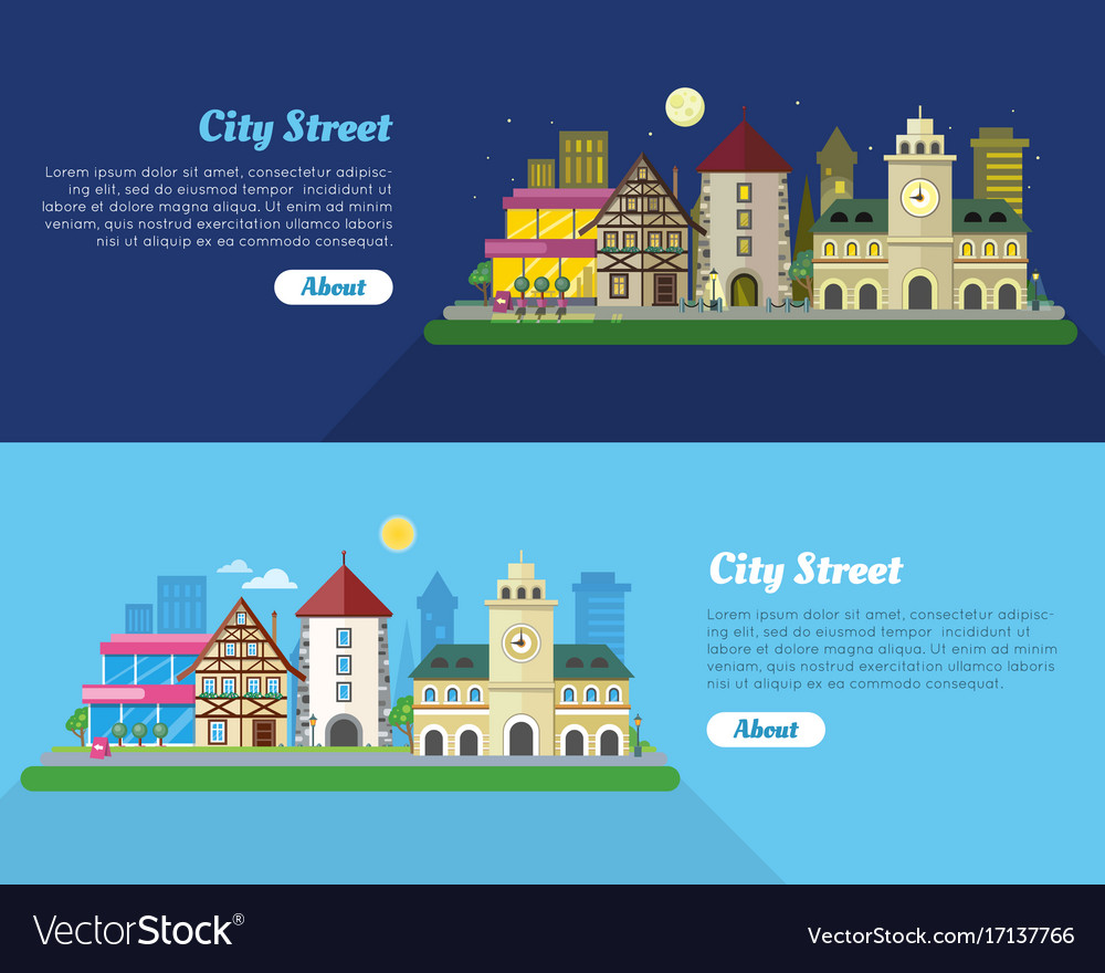 Day And Night City Street Flat Banner Royalty Free Vector