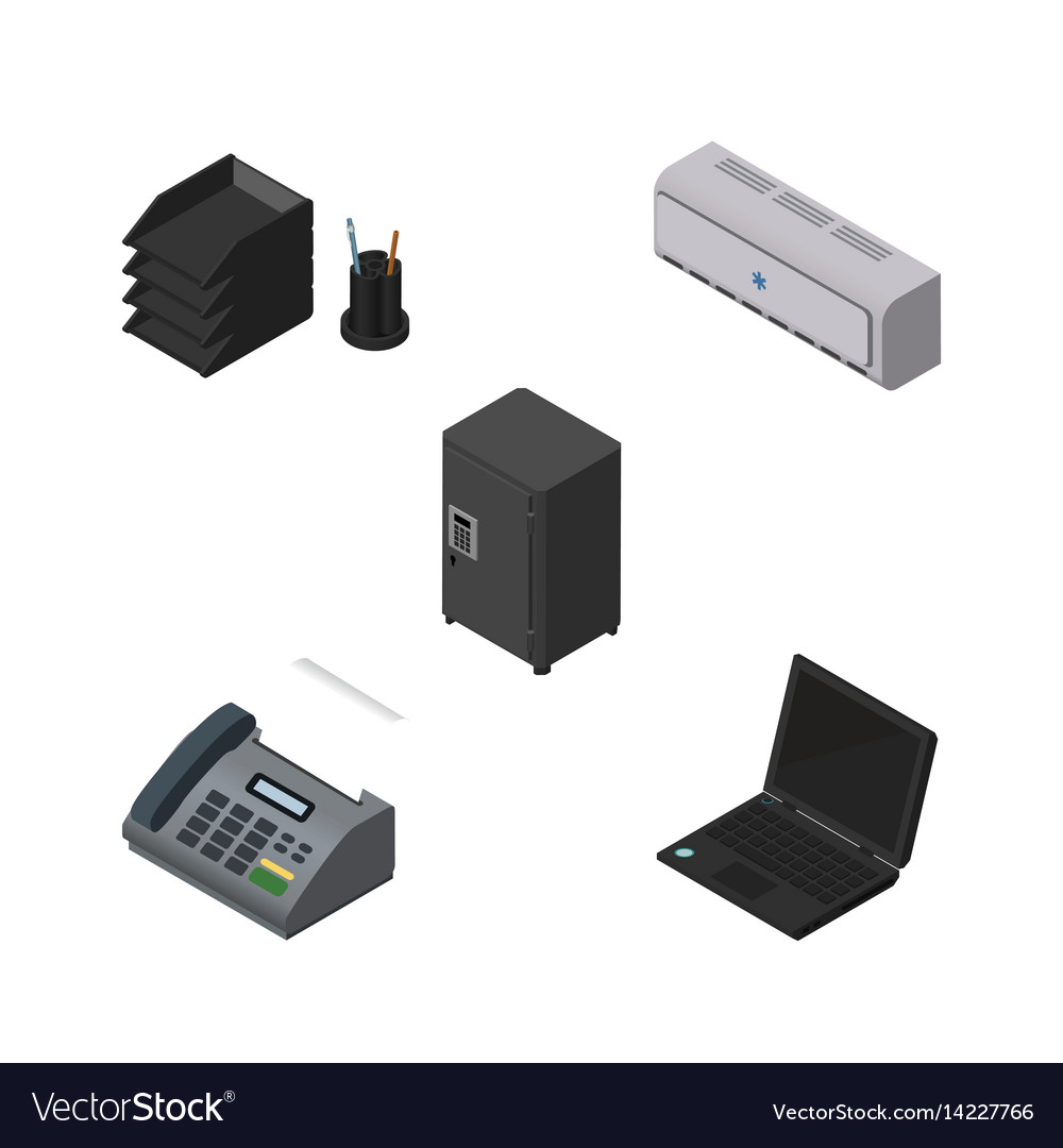 Isometric Office Set Of Desk File Rack Laptop Vector Image