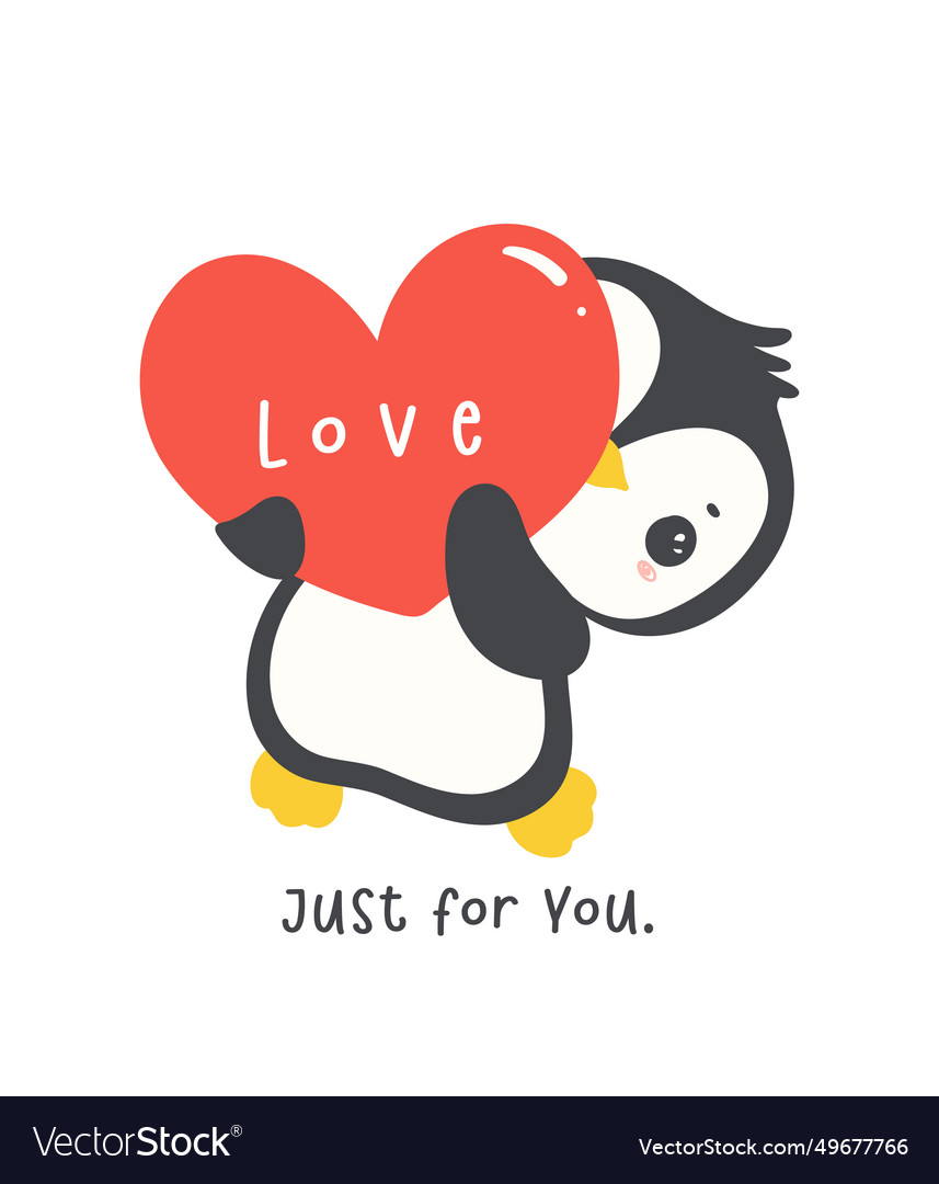 Kawaii penguin holding red heart cartoon drawing Vector Image