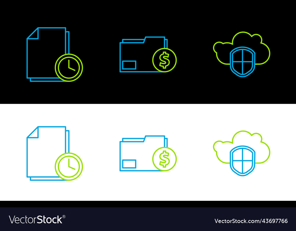 Set line cloud and shield document with clock vector image Set line cloud and shield document with clock