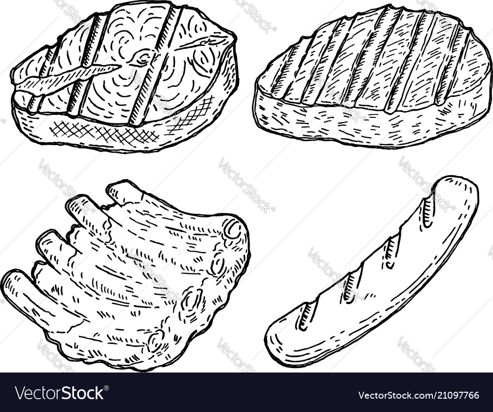 Set Of Hand Drawn Grilled Meat Grilled Salmon Vector Image
