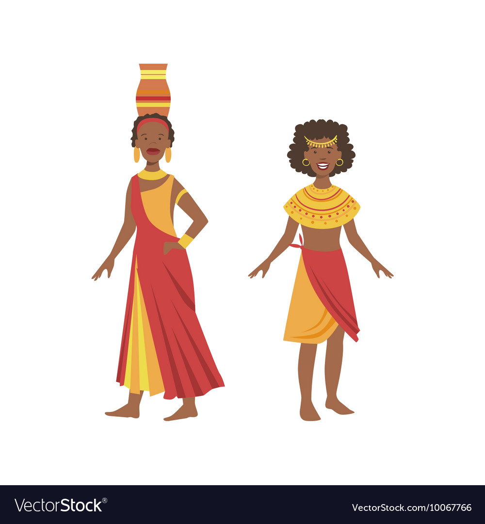 Two Women In Yellow And Red Dresses From African Vector Image