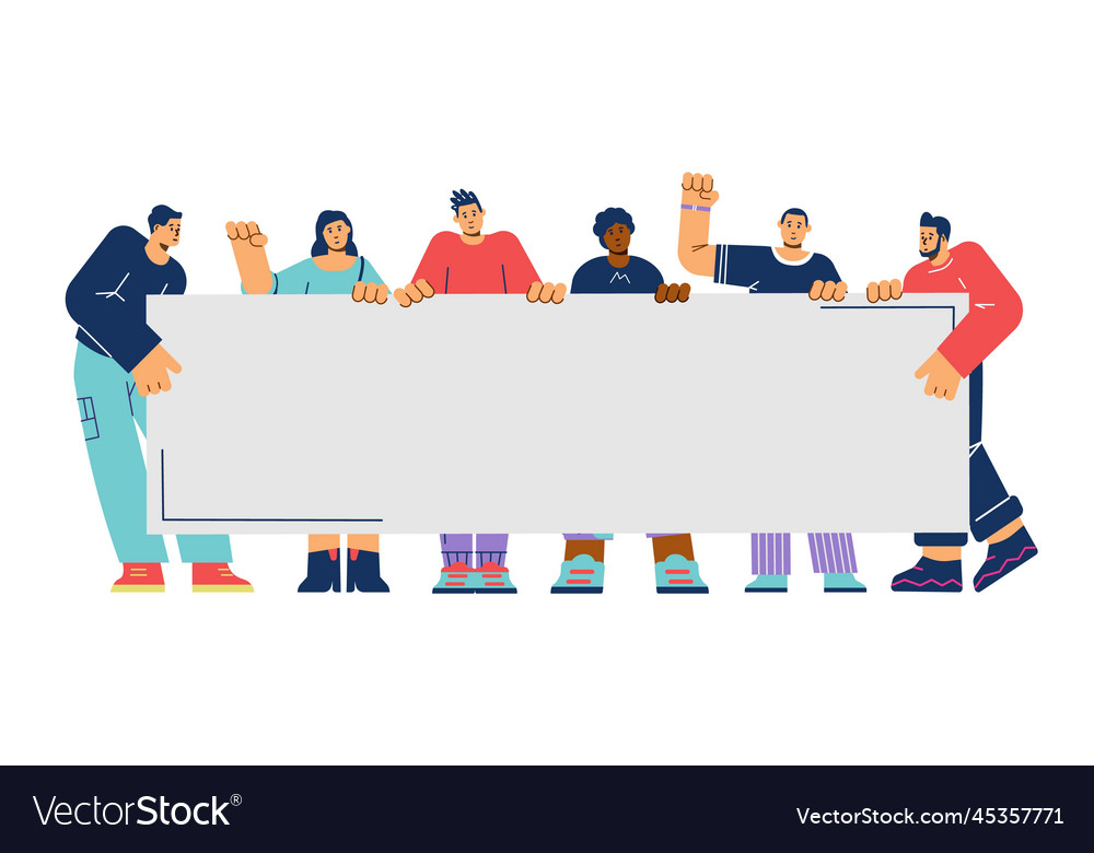Group of people holding long empty sign flat style