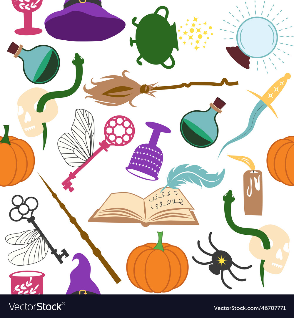 Magic items seamless pattern in flat style school vector image Magic items seamless pattern in flat style school