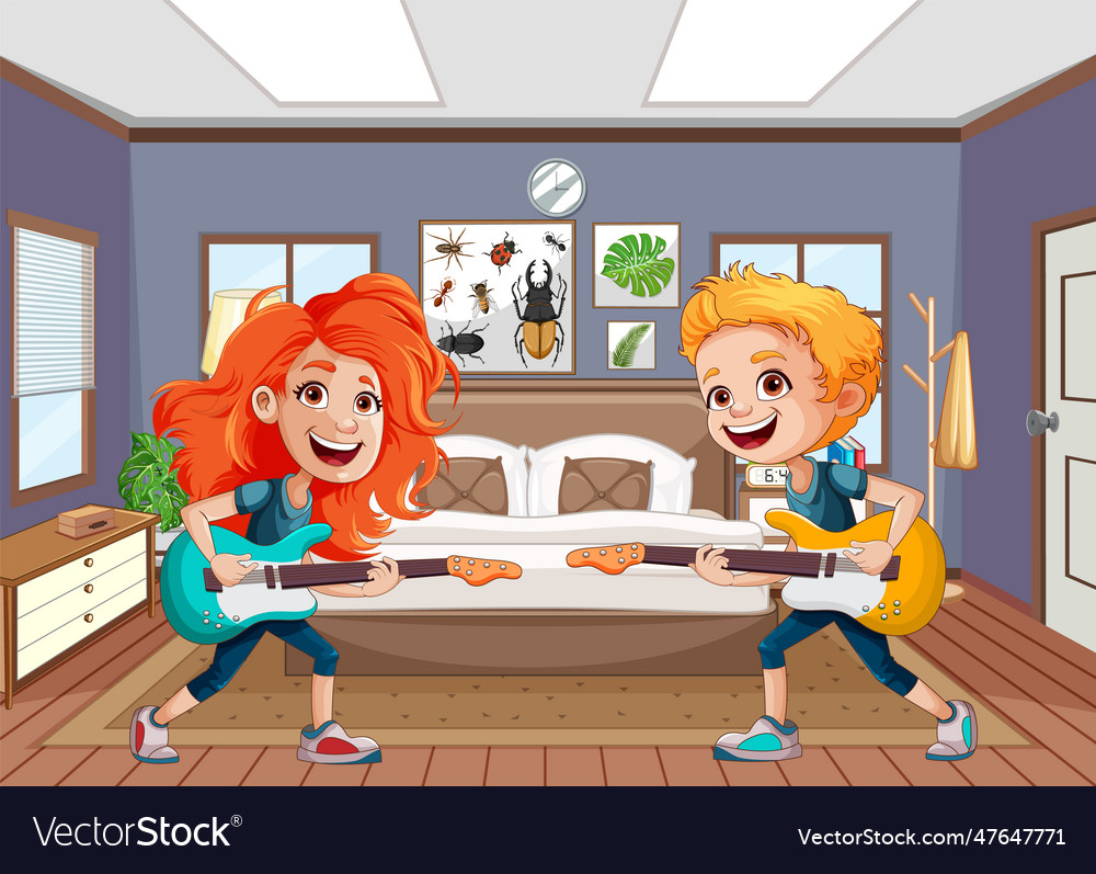 Männliche Rockband Praxis zu Hause vector image Männliche Rockband Praxis zu Hause