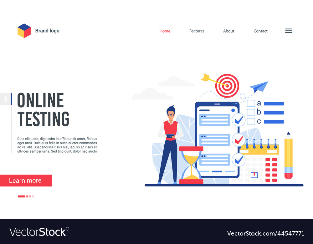Online testing platform landing page man using vector image Online testing platform landing page man using