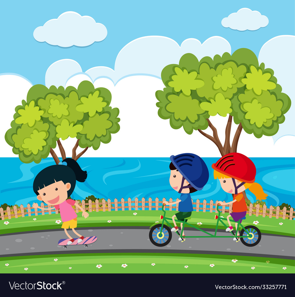 Scene with kids riding bike in park