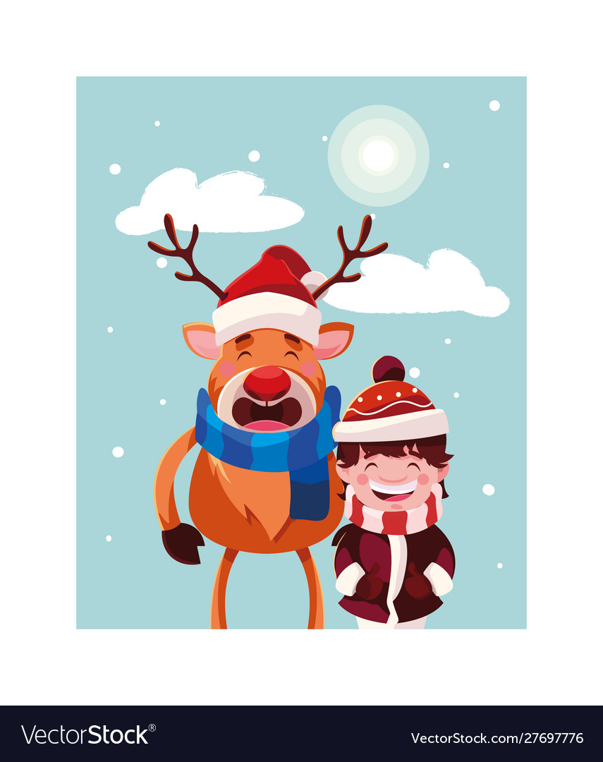 Boy and reindeer with hat scarf in winter