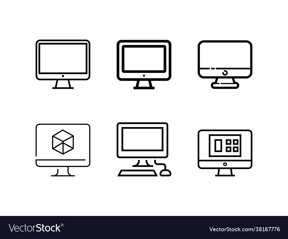 Computer monitor screen line icon set