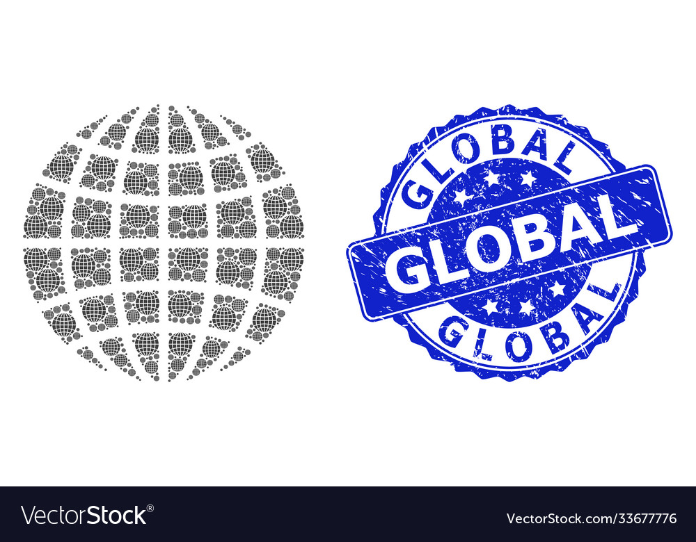 Textured global round stamp and recursive globe vector image Textured global round stamp and recursive globe