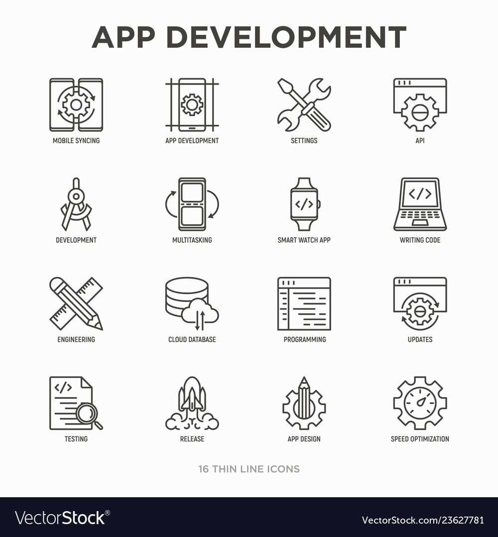 App development thin line icons set vector image App development thin line icons set