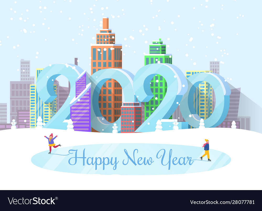 Happy new year 2020 cityscape and people on rink Vector Image