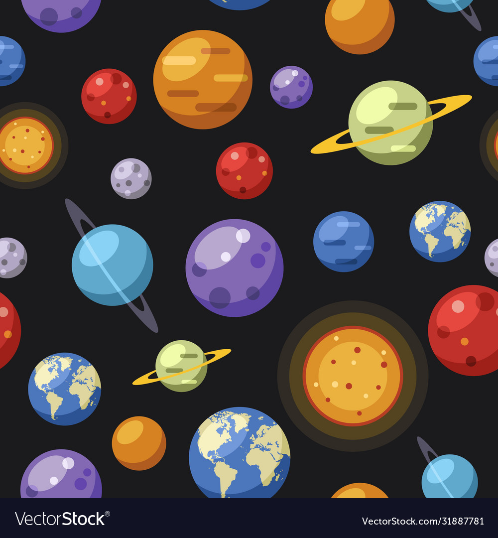 Seamless pattern wth solar system planets on black