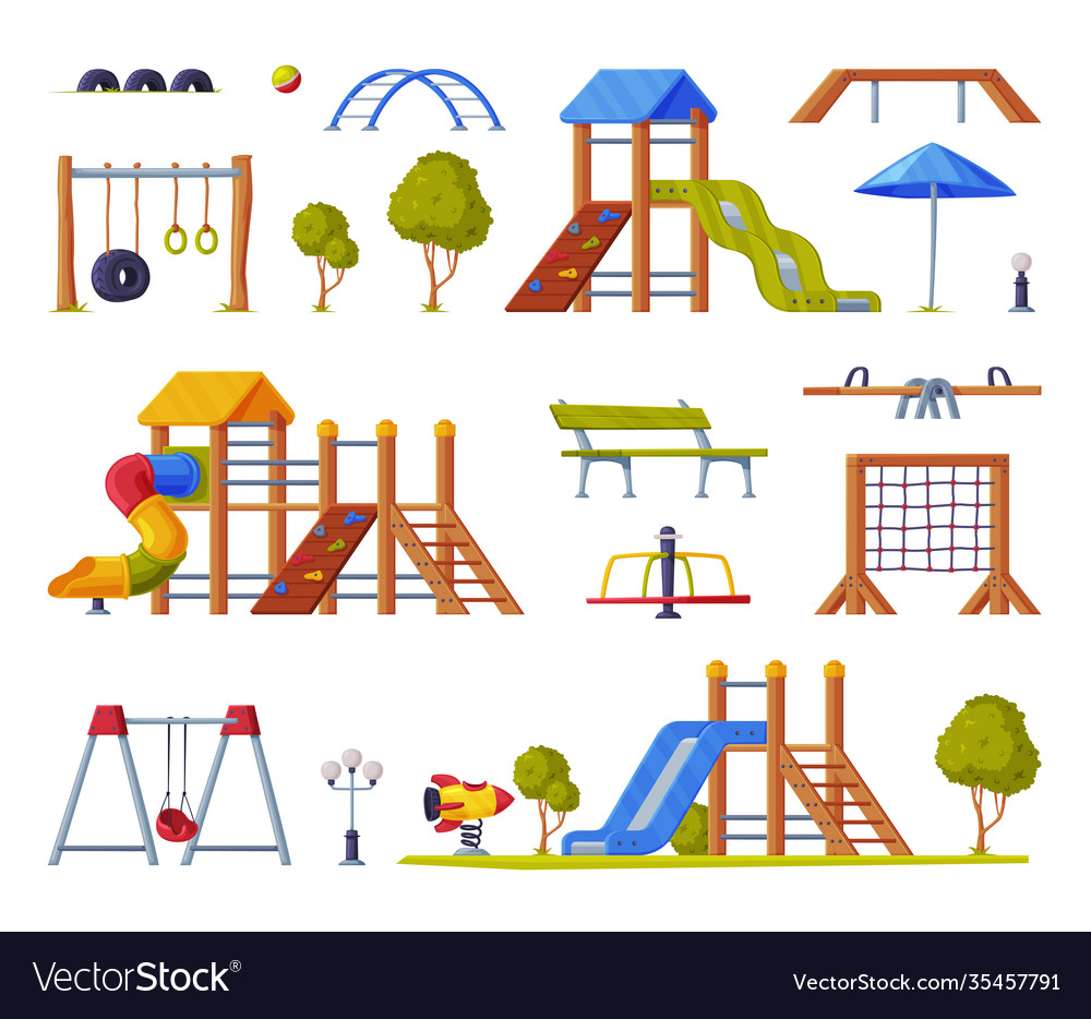 Children playground elements with slide swings