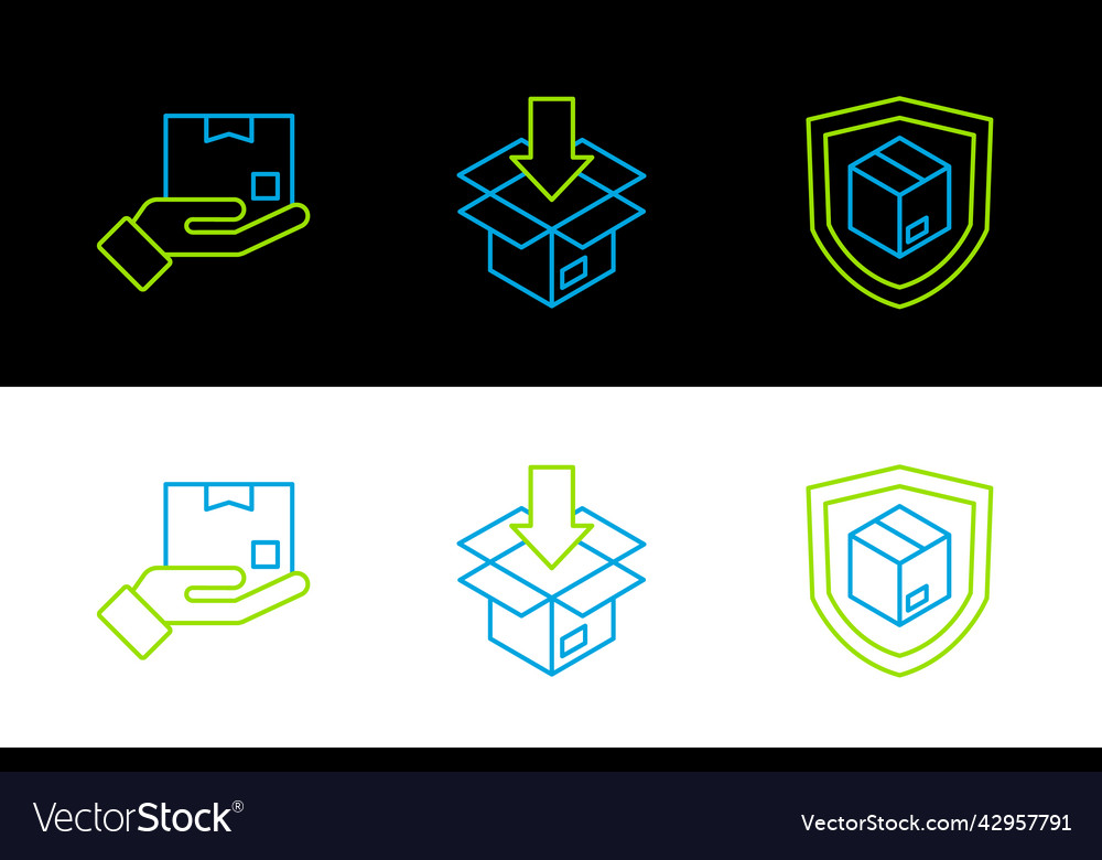 Set line delivery security with shield hand box vector image Set line delivery security with shield hand box