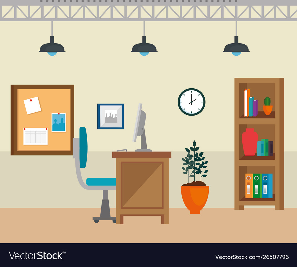 Compter technology and desk with chair and clock Vector Image