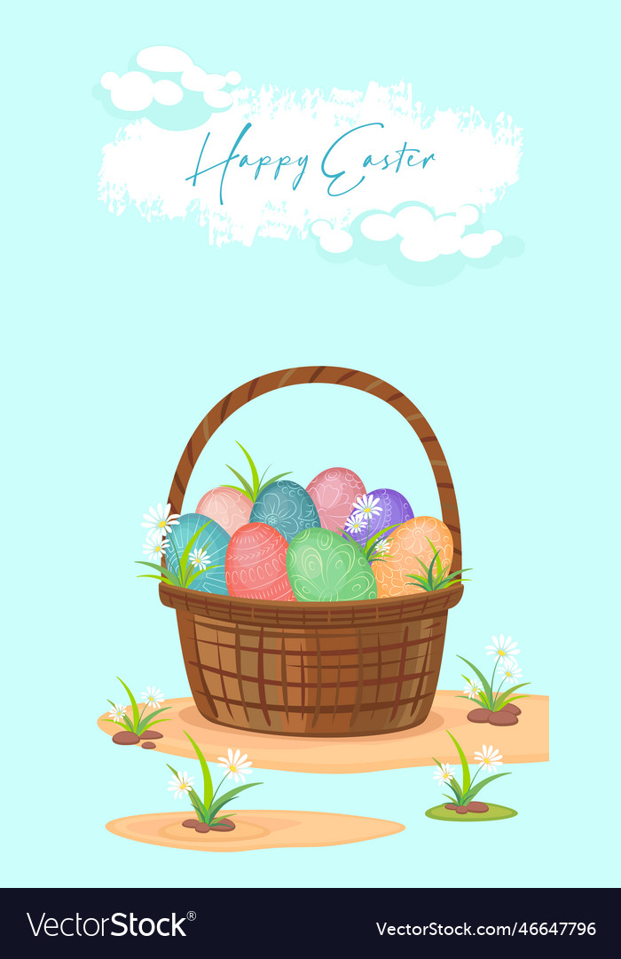 Happy easter basket with different eggs