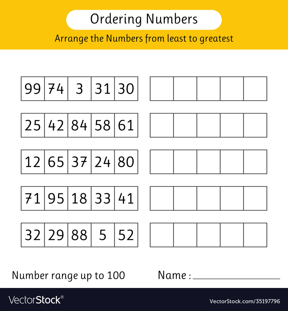 Ordering numbers worksheet arrange Royalty Free Vector Image