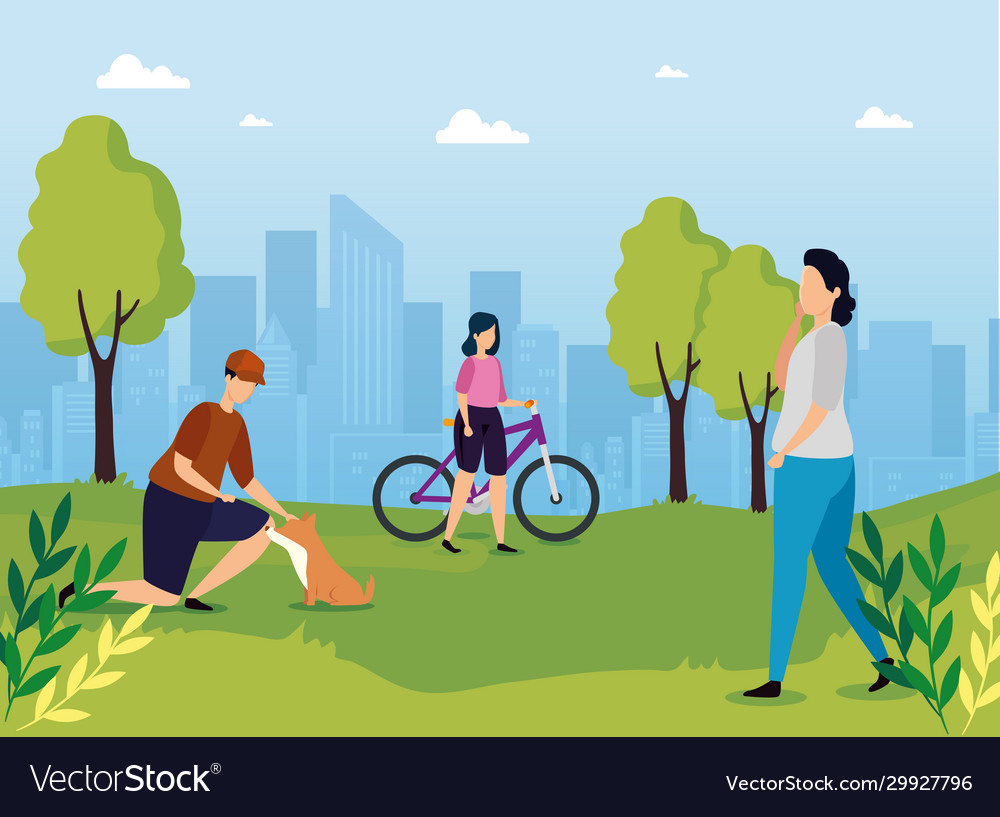 People in park with urban landscape Royalty Free Vector