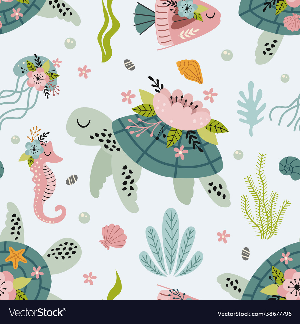 Seamless pattern with turtle and sea life vector image Seamless pattern with turtle and sea life