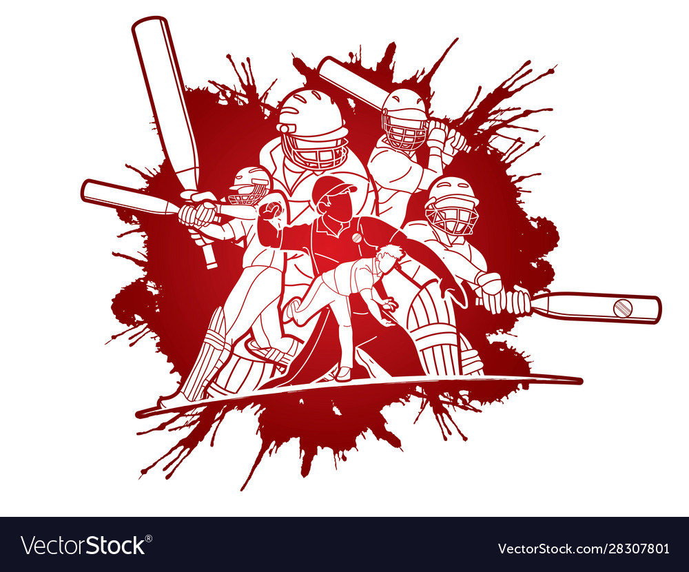 Group cricket players action cartoon sport