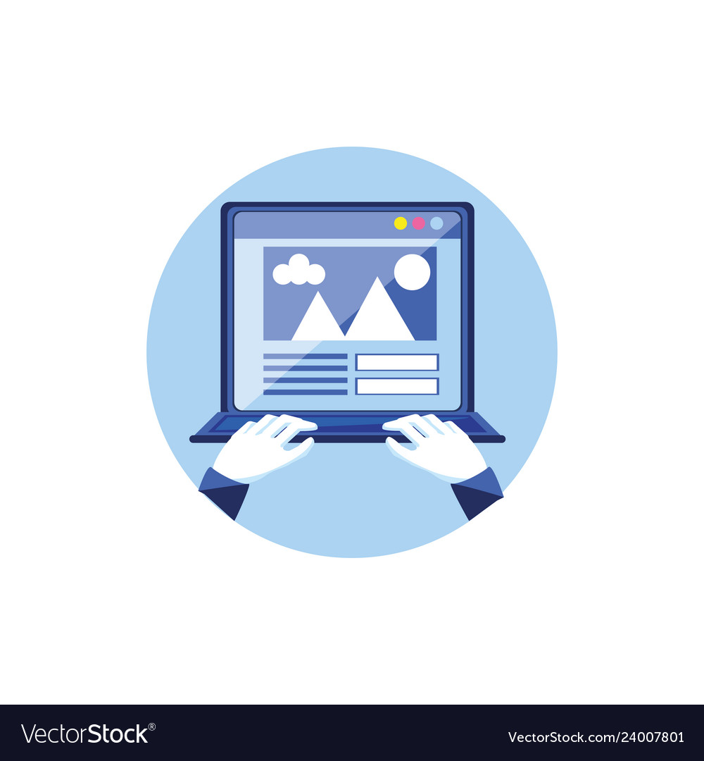 Laptop computer with statistics document and hands Vector Image Laptop computer with statistics document and hands