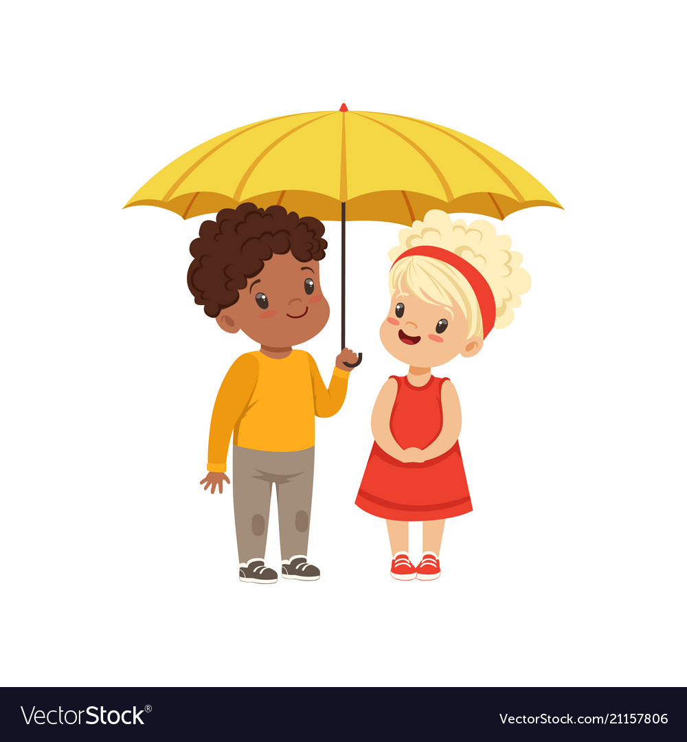 Cute little kids standing together under yellow Vector Image