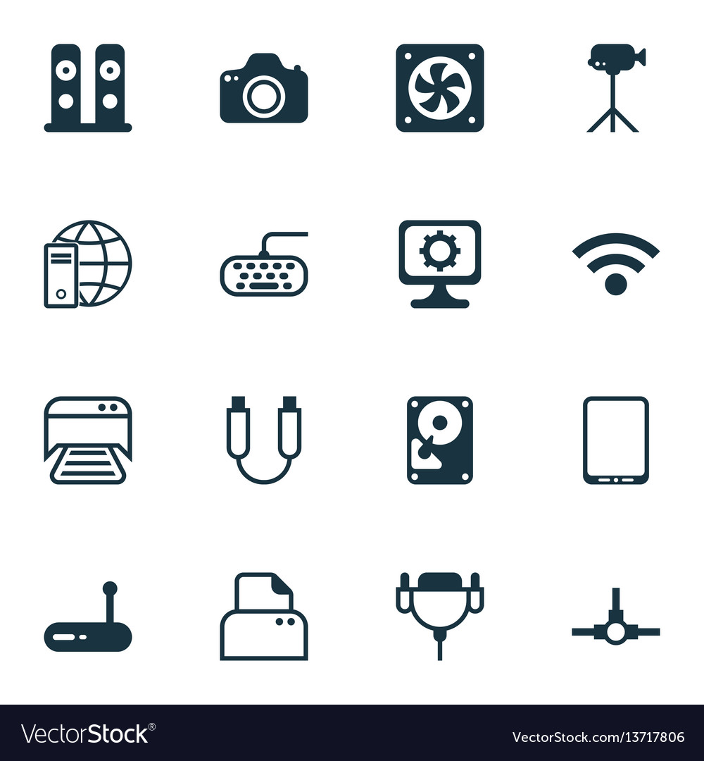 Set of 16 computer hardware icons includes camera