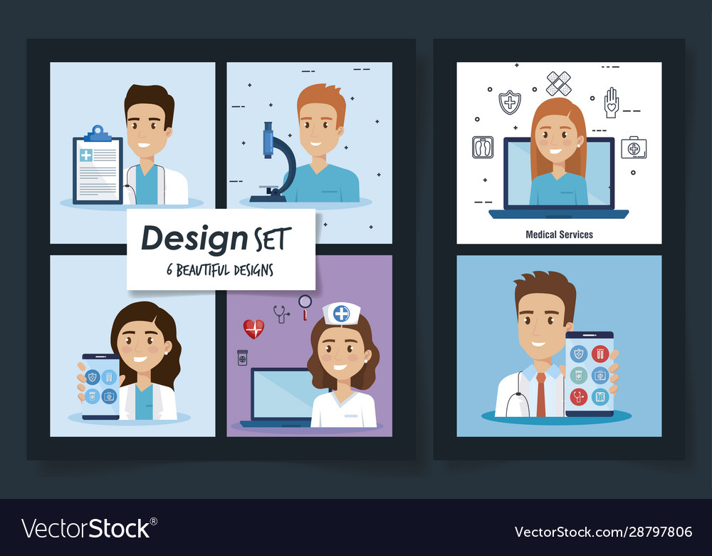 Sechs Designs medizinische Medizin mit Ärzten vector image Sechs Designs medizinische Medizin mit Ärzten