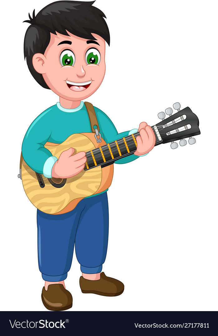 Funny boy wearing blue shirt with acoustic guitar Vector Image