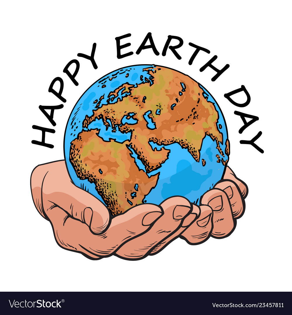 Happy earth day typography globe in hands two Vector Image