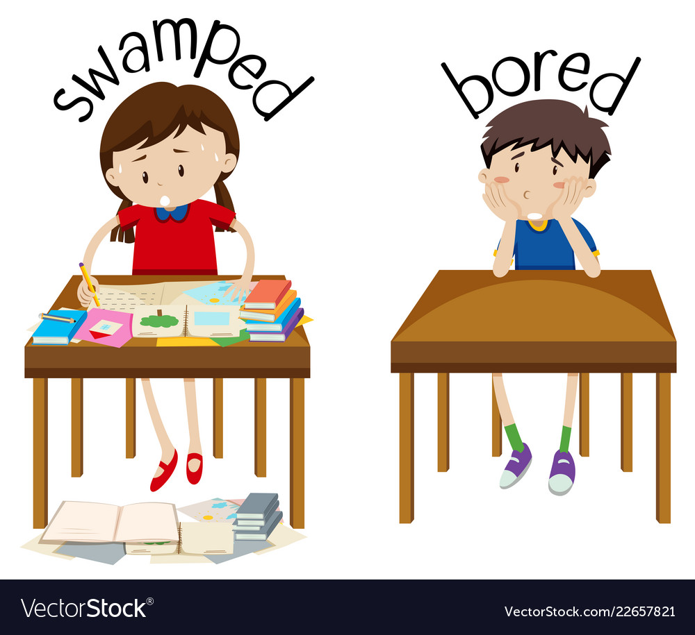 english-opposite-word-swamped-and-bored-royalty-free-vector