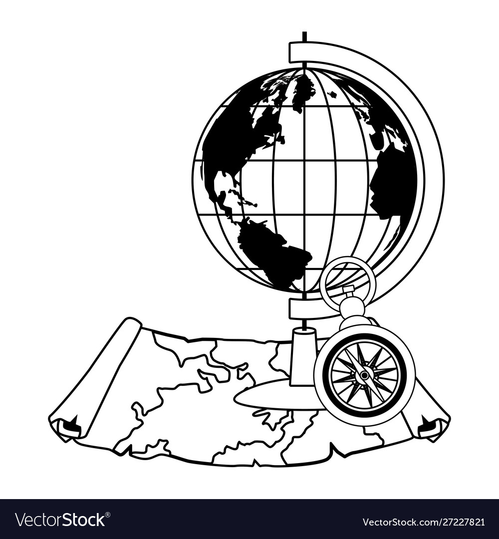 Retro world map and compass with paper navigation