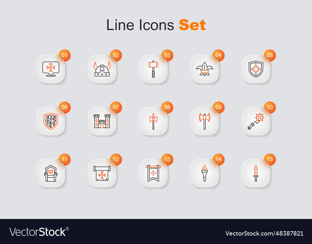 Set line medieval sword torch flame flag crusade vector image Set line medieval sword torch flame flag crusade