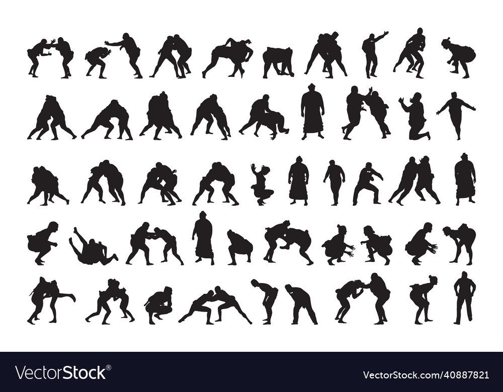 Set of black silhouettes sumo fighters Royalty Free Vector